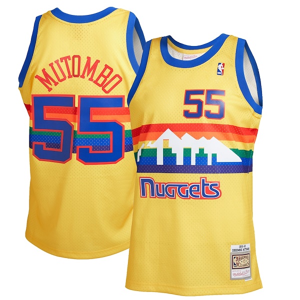 Men's Denver Nuggets #55 Dikembe Mutombo 1991-92 Yellow Mitchell & Ness Stitched Jersey